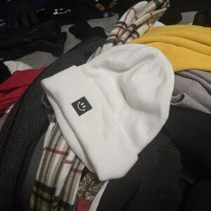 Reebok White Knit Beanie with Smiley Patch